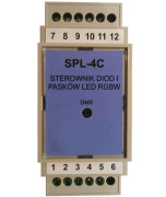 4-kanałowy sterownik diod i pasków LED SPL-4C w obudowie na szynę DIN. Sterowany za pomocą protokołu DMX.