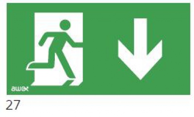 125x250 Piktogram 27 Chłopek W Drzwiach Strzałka Dół Logo Awex (iso7010)